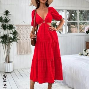 Shein Deep V Neck Ring Cut Out Ruffle Hem Dress